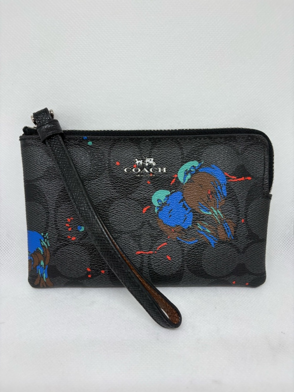 Coach Wristlet Wallet With Bluen Birds Print Black/blue Including Strap